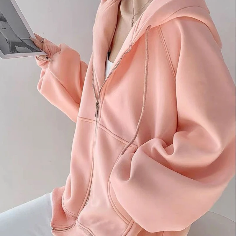 EBAIHUI Retro Lazy Style Women Hoodie Solid Color Pocket Design Ladies Zippered Cardigan Autumn  Winter Oversized Casual Jacket