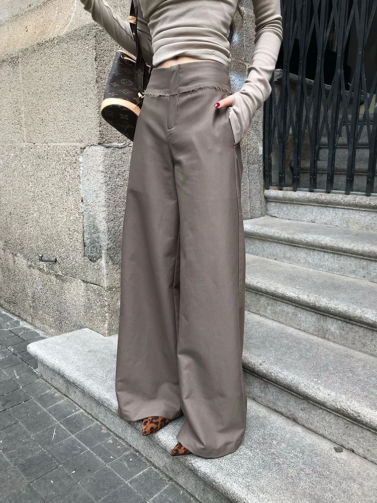 

Женские брюки с низкой талией и широкими штанинами, осенне-зимняя новинка, модный дизайн, офисные брюки с необработанным краем, элегантные и стильные