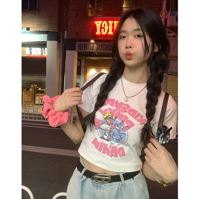 2024 Summer New Letter Print T-shirt Women Cute Slim Short Tees Girls Sweet Versatile Graphic T Shirts Female Y2k Tops