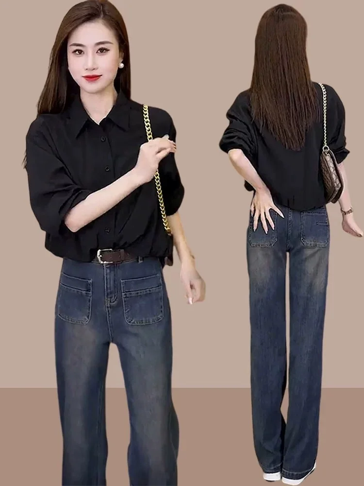 

Early Spring Fashionable Casual Denim Set Small Size Stylish Age-Defying Complete Ensemble Long Sleeve Collar Women's Wear