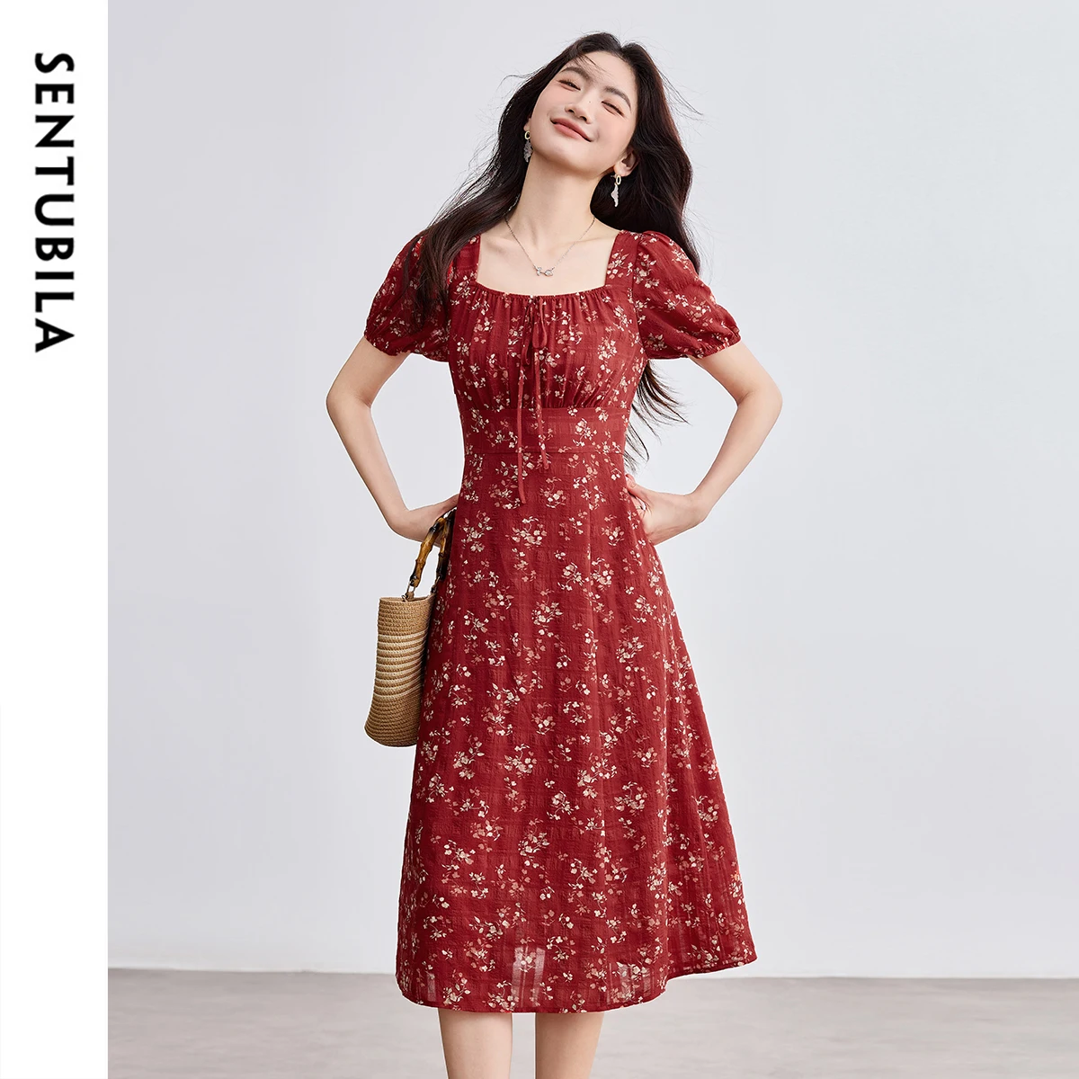 SENTUBILA Women's Chiffon Print Dress Summer Red Vacation Dresses 2025 Elegant Collection Lantern Sleeve Woman Outfits Q52LF2179