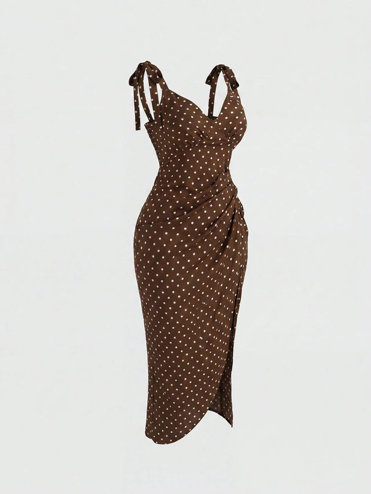 Sexy, sinnliches, tailliertes, kurvig geschnittenes, trägerloses Maxikleid für große Größen, lässig, gepunktet, V-Ausschnitt, Strandkleid – Detail 5