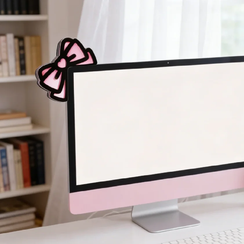 Cute Computer Monitor Decor Pink Bow Cat Ear Shape Ornaments Kawaii Desktop Decor for PC Laptop, Room Desk Decoration Girls Gift