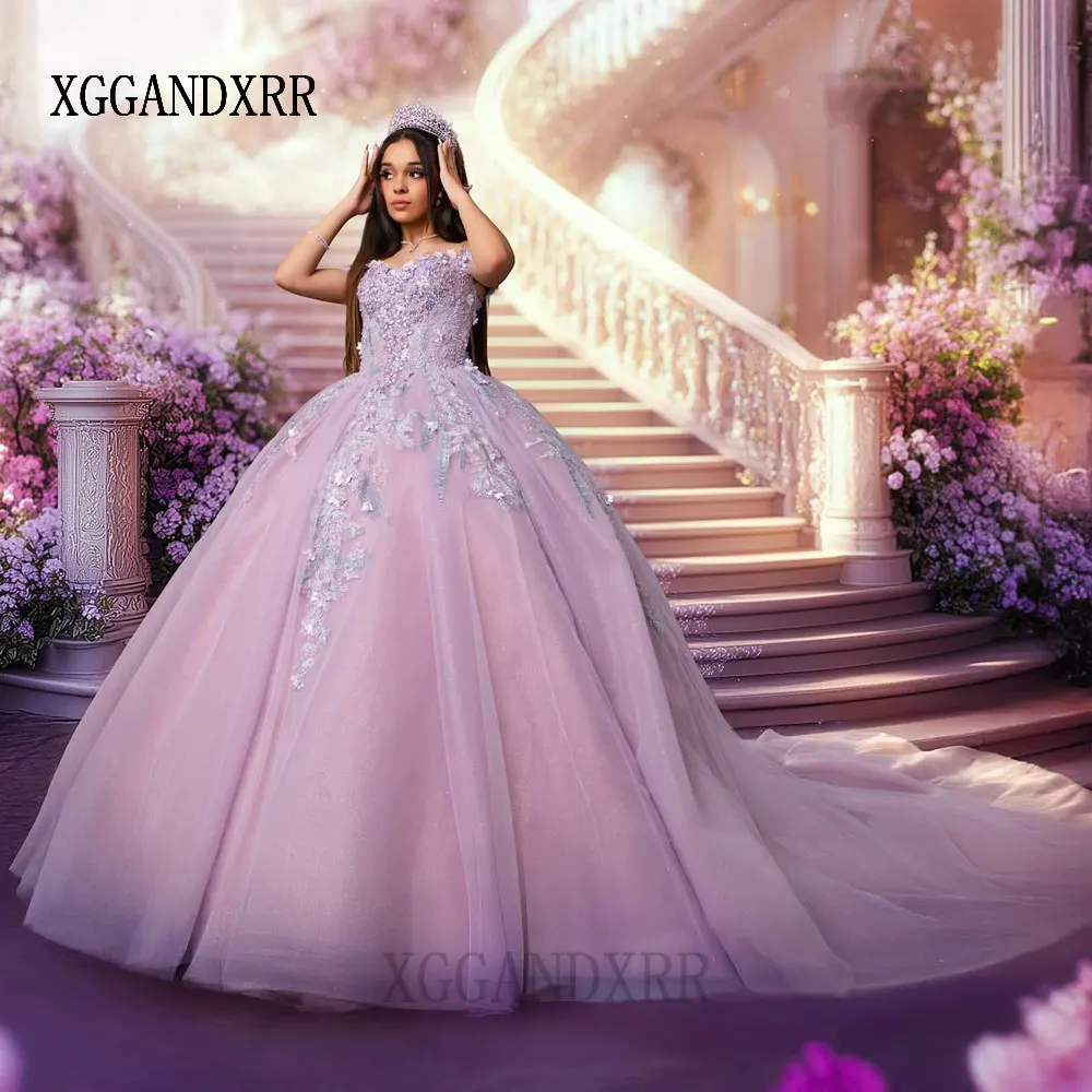 

Фиолетовые платья Quinceanera по индивидуальному заказу 2026 Vestidos De 15 Años Кружевные аппликации со шлейфом Элегантные вечерние платья для дня рождения 15 лет