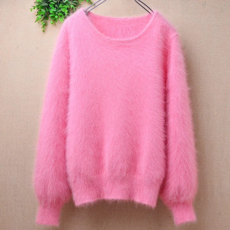 04 Ladies Women Fall Winter Clothing Sweet Hairy Mink Cashmere Knitted O-Neck Slim Blouses Pullover Jumper Sweater Pull Tops