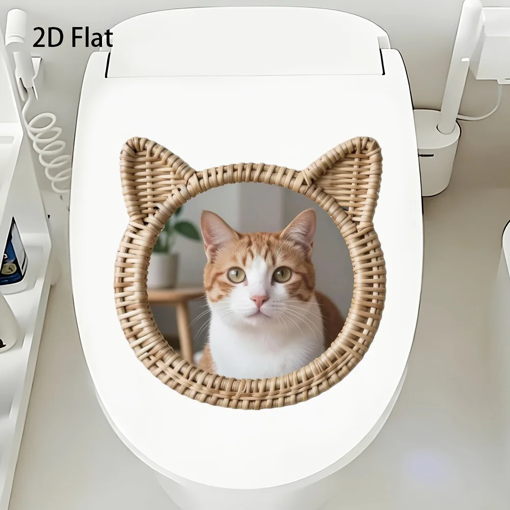2D Flat Woven Cat‑Ear Round Mirror Fun Toilet Decor Sticker Size 20x20cm Soft Cute Healing Cat Pattern Fresh And Eye‑Pleasing