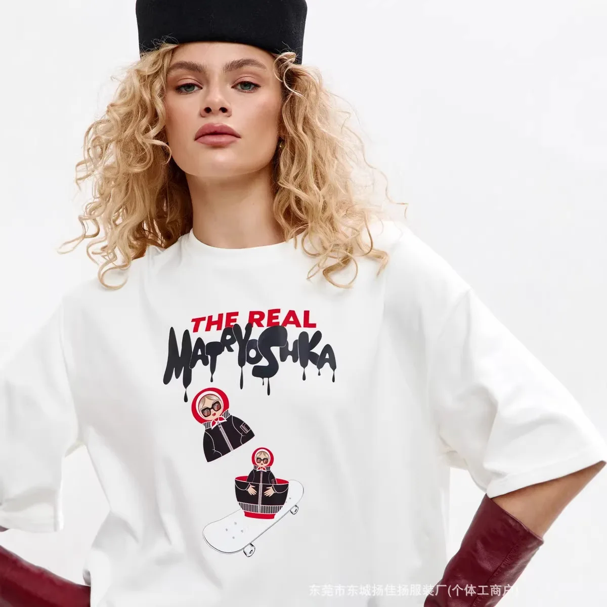 100% コットン クルーネック Tシャツ | 面白いマトリョーシカ人形がスケートボードに乗ったカジュアルトップス ロシアファッション 甘い女性ガールズサマートップス 1