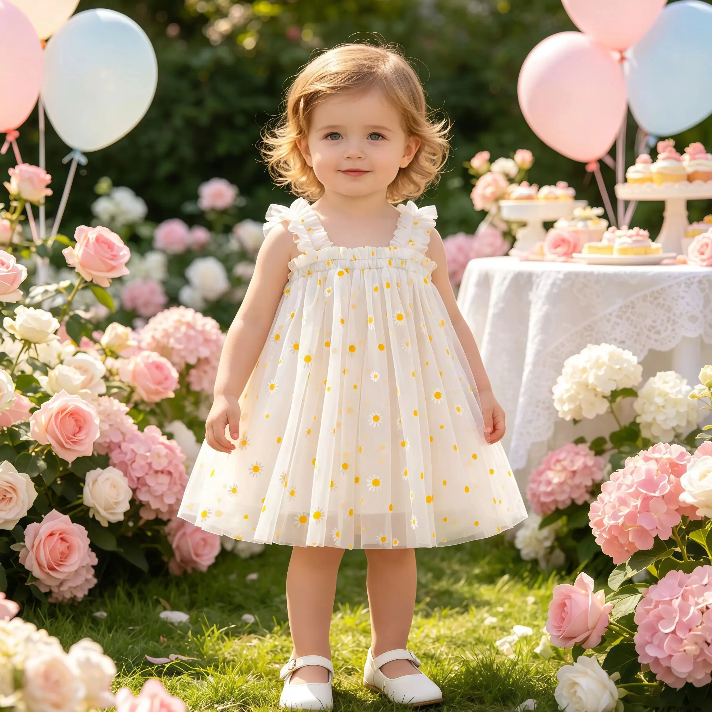 

Summer Toddler Daisy Tulle Dress Sleeveless First Birthday Mesh Tutu Dresses Flowers Embroidery Outfit Party Wedding Sundress