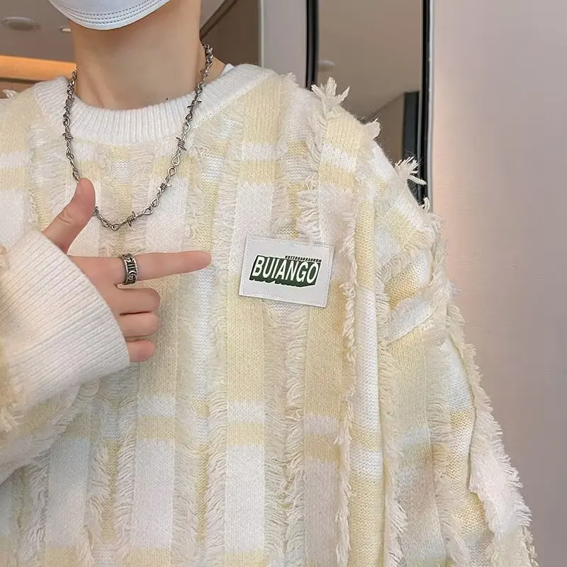 

Autumn Winter Large Size Men's Casual Knitted Sweater Cheered Color Blo Long Sve round Ne Top for Couples