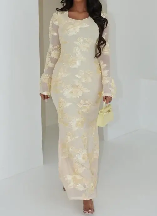 

Autumn/Winter Evening Dress Elegant Long Sleeve Hip Wrap Long Dress Women's Clothing Temperament Female Fashion Party Dresses