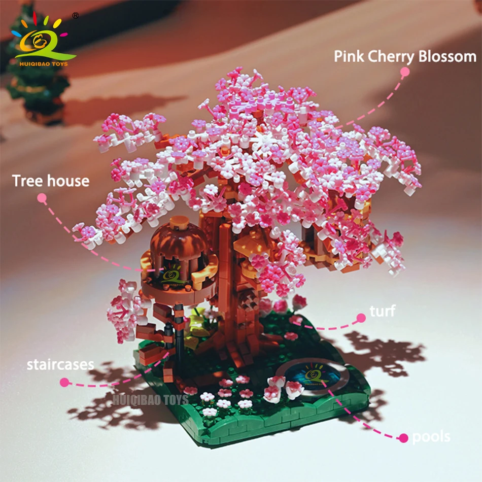 Bloques de construcción MOC para niños y adultos, juguete de ladrillos para armar casa del árbol rosa, flor de cerezo, modelo clásico, DIY, 1109 piezas