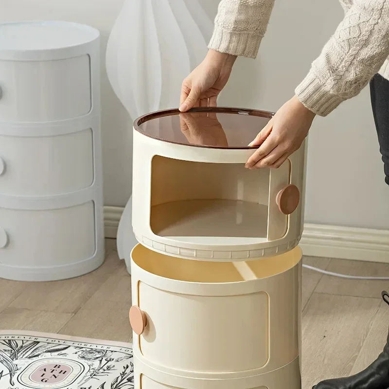 

Cream Bedroom Bedside Tables Creative Multi-layer Storage Cabinets Modern Round Nightstands Simple Living Room Narrow Cabinets