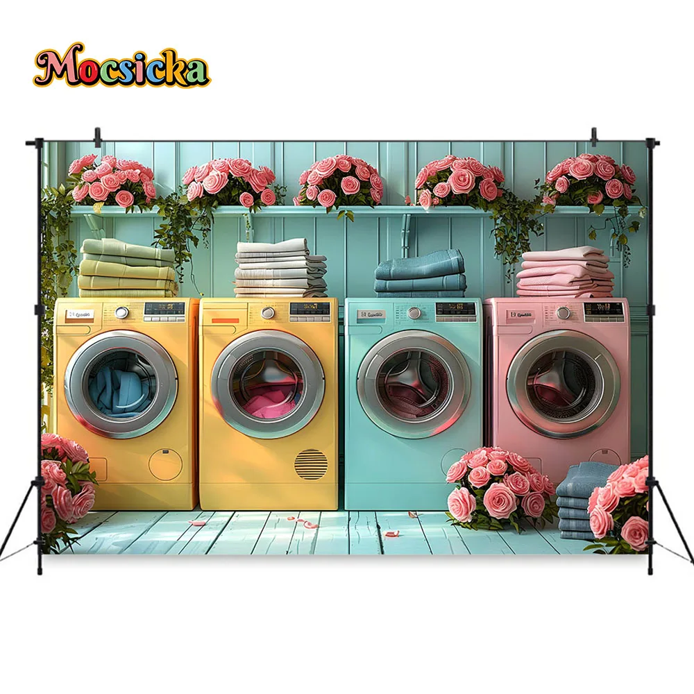 Photography Background Studio Laundry Day Colorful Washing Machine Backdrop Decor Indoor Flowers Potted Summer Kids Photo Studio