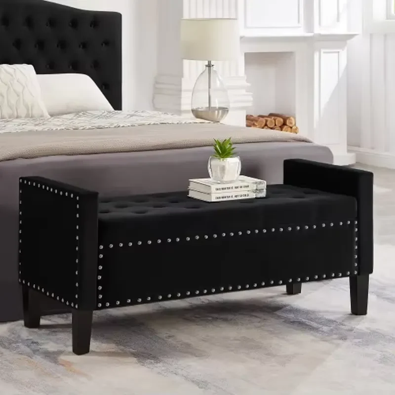 48 Inch Black Velvet Tufted Storage Bench with Stud Head Trim and Upholstered Armrests for Entryway Bedroom Living Room