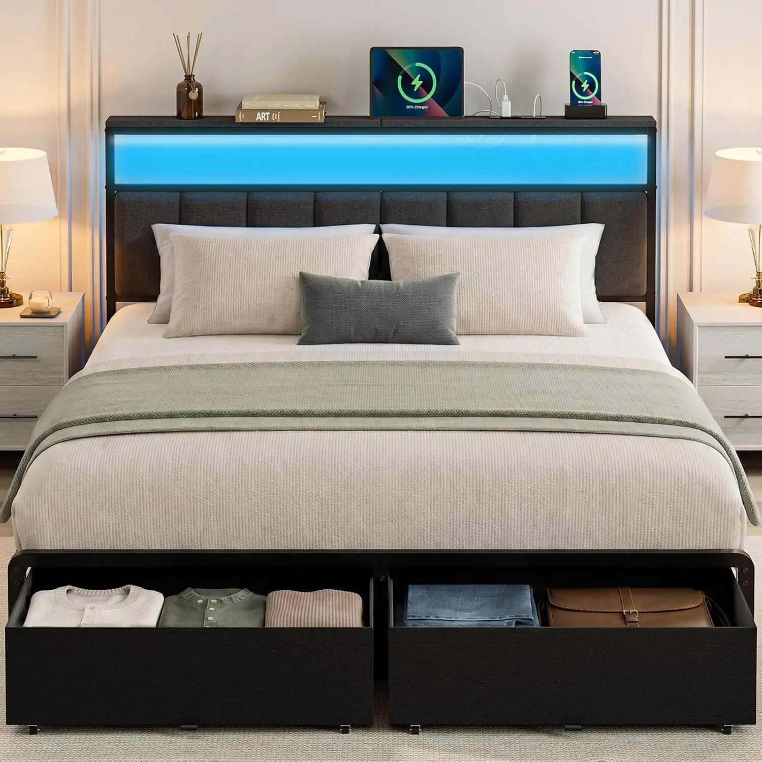 Queen Bed Frame with 2 Storage Drawers, Grey Upholstered | Headboard with Charging Station and LED Lights, Metal, Customized