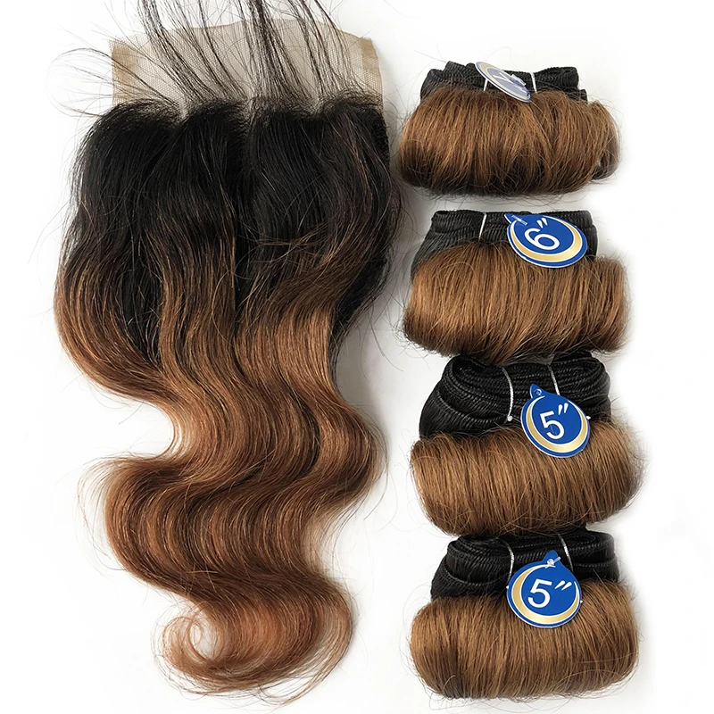 Extensions de cheveux brésiliens bouclés rebondissants pour femmes, faisceaux de vague de corps avec fermeture, faisceaux de tissage, 3/4, 4x4