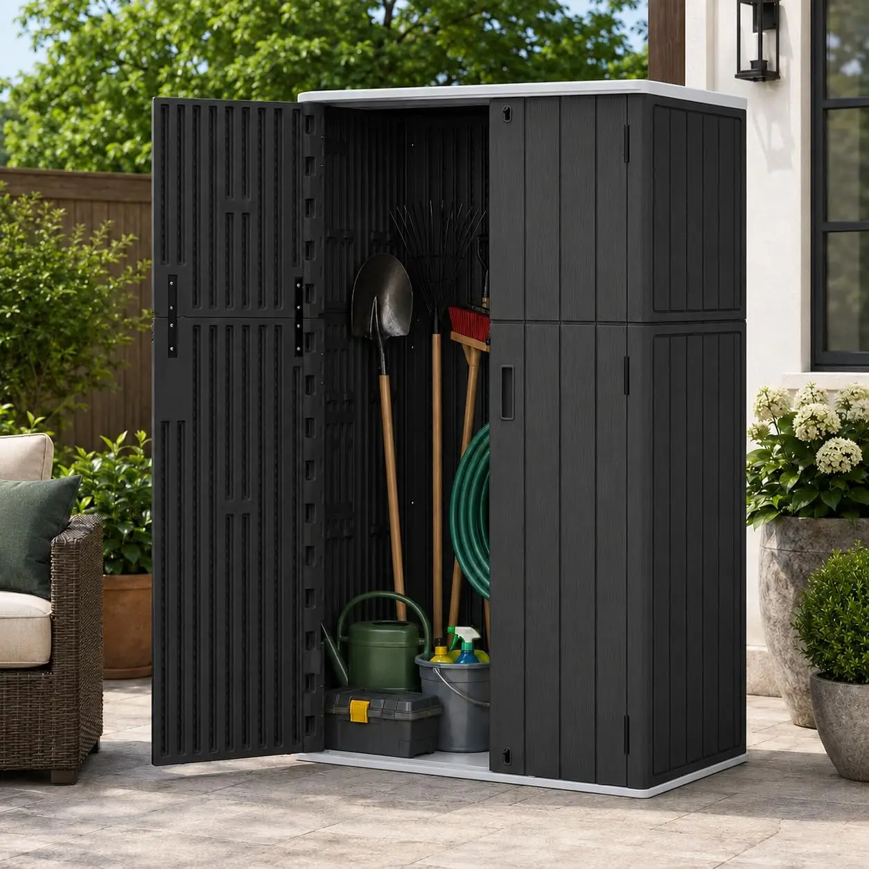 ^Vertical Outdoor Storage Shed with Floor, Resin Garden Shed with Lockable Doors, Waterproof Backyard Storage Cabinet for Lawn
