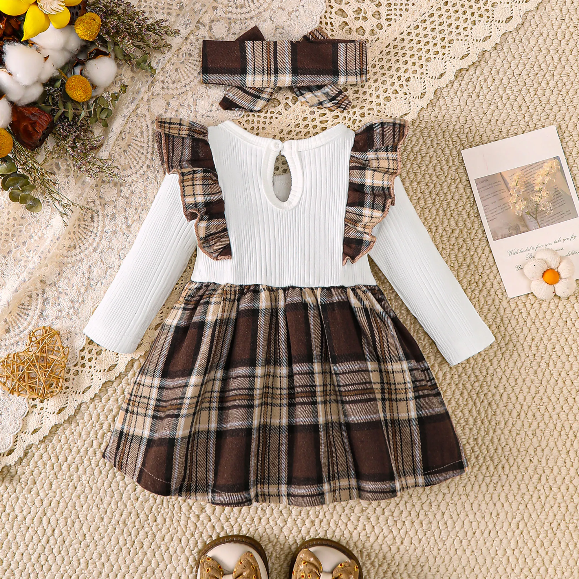 Baby Girls 2Pcs Plaid Dress Set Cute Suspender Dress Outfit With Matching Headband Autumn Newborn Infant Clothes 1-18 Months