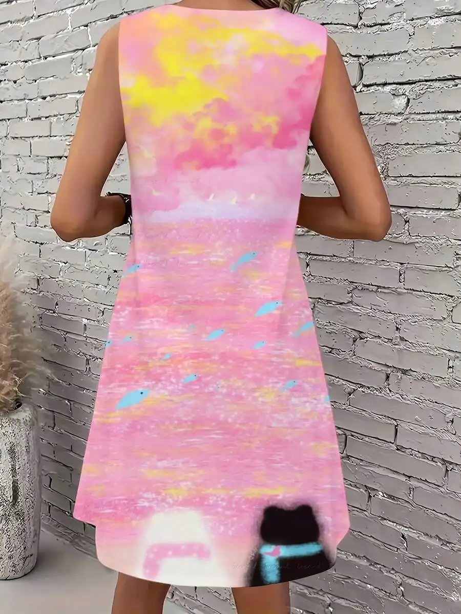 

Womens Sleeveless A-Line Dress Pink Yellow Watercolor Print Round Neck Loose Fit Casual Summer Dress