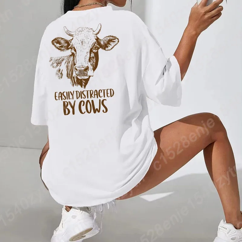 Easily Distracted By Cows T-shirts, Women's Funny Casual Short Sleeve Oversized T-shirts, Cowgirl Tees, Humorous Saying Shirt