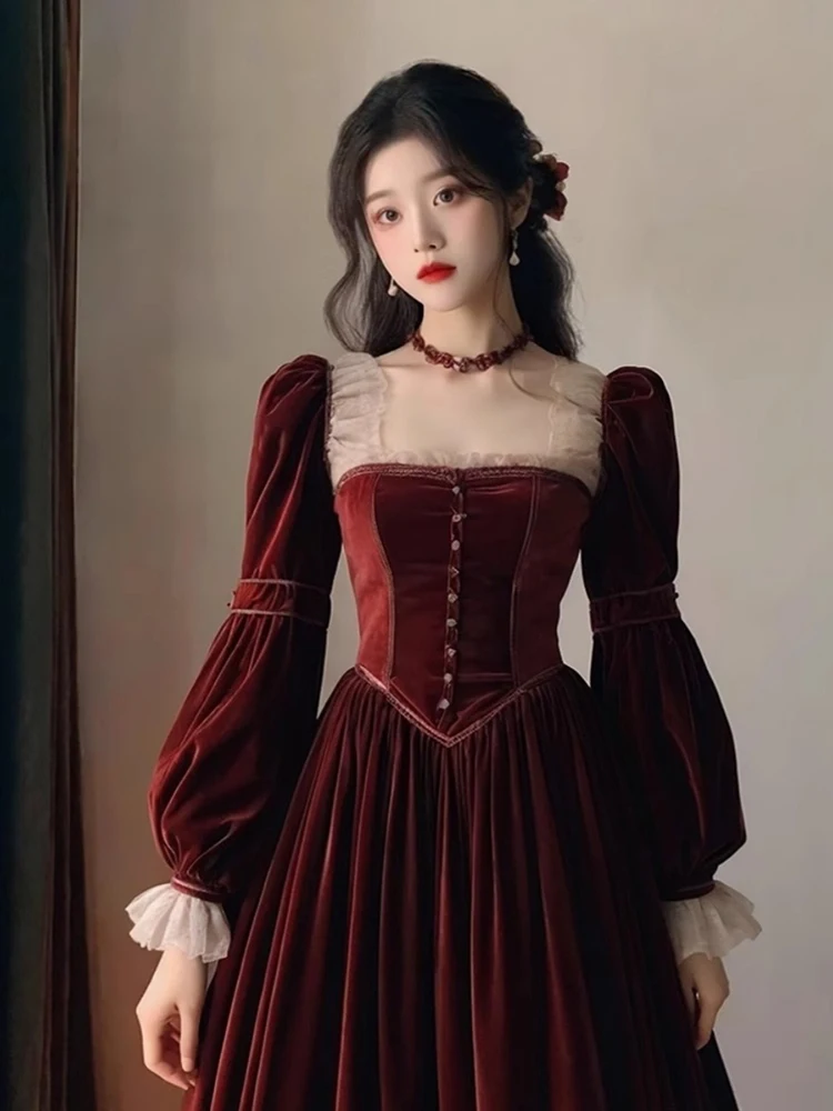 

Red Velvet Waist-Cinching Dr for Women High-end Luxury Autumn Winter Wedding Ceremony Dr Pure Color High Waist Long Sve