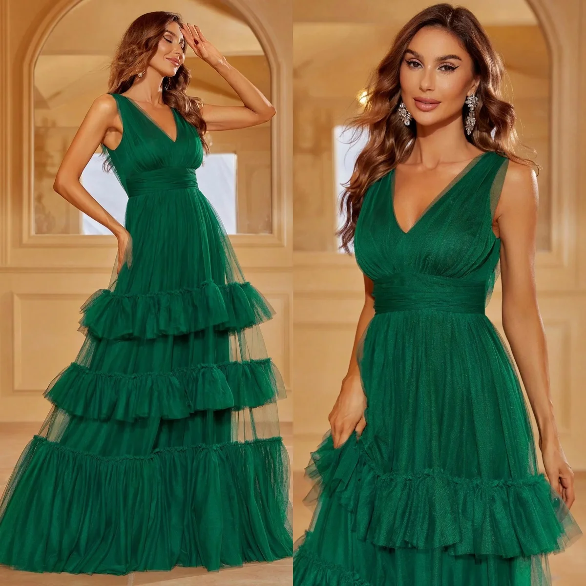 Morden Green Evening Gowns A Line Tulle Sleeveless Prom Dresses Sexy Tiered Pleat Gala Robes Open V Back Girls Wear