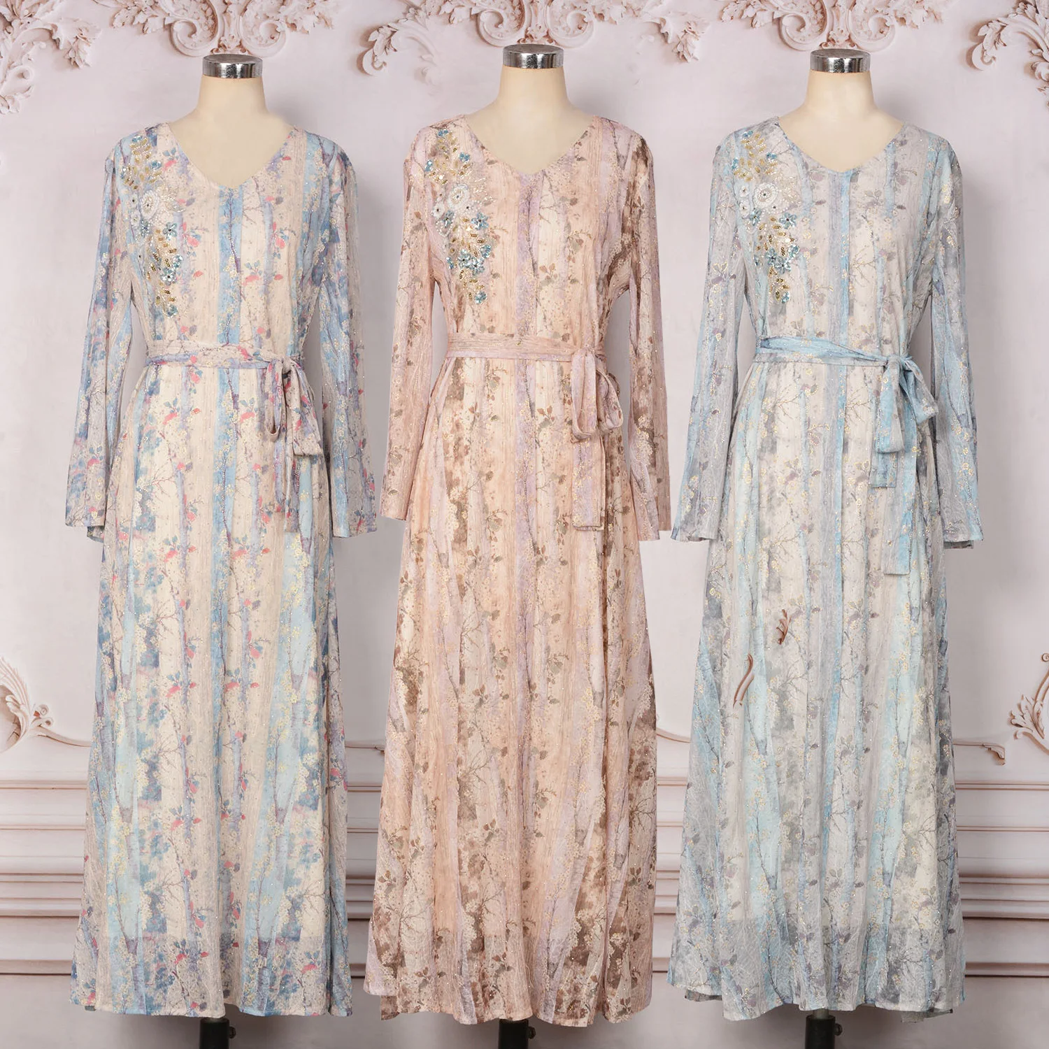 Regular-Fit Feminine Arabic Dress Jalabiya Muslim Women Abaya-Bead Sequin 3D Flower Front. Ramadan Eid Party Dubai Moroccan Gown