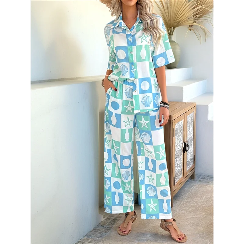 A83F-Women's Short Sleeve Button Down Shirt Printed Tops Lounge Shorts Summer Beach Tracksuit 2 Pcs Set