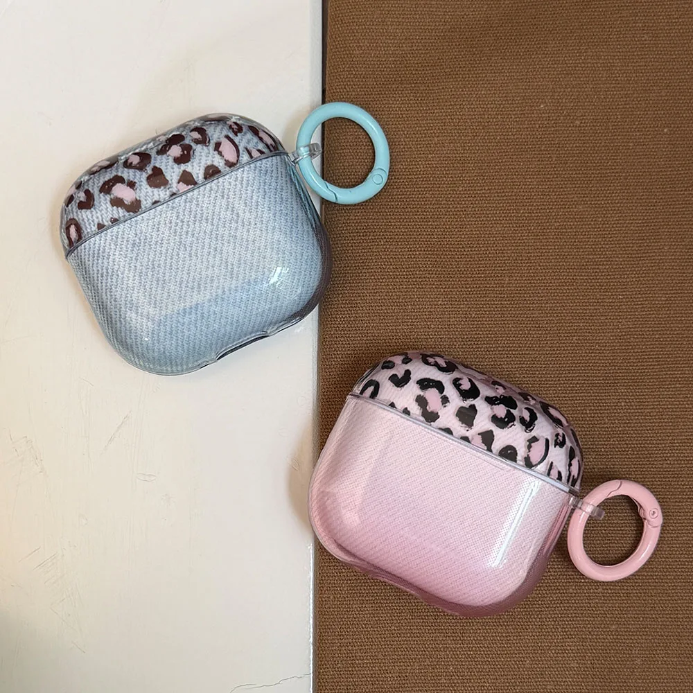 Pink Blue Leopard Print Transparent Tpu Soft Earphone Case For Apple AirPods 1 2 3 4 5 Pro 2 3 Protective Cover With Keychain