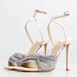 Crystal Wrap White Sandals With High Heels Women Trends Sparkly Elegant Sandals Female Summer Cross Strap Open Toe Design Shoes