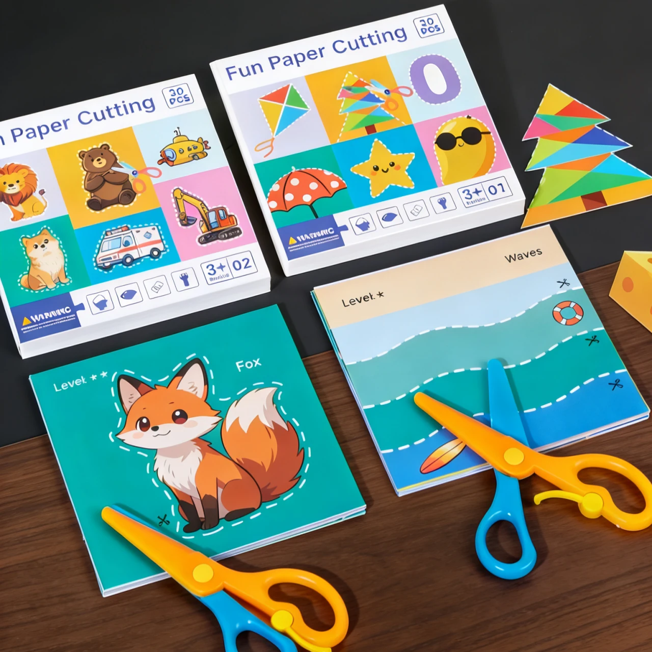 กระดาษตัดลายการ์ตูนสำหรับเด็กอนุบาลโดยเฉพาะ ปลอดภัยด้วยกรรไกรแบบเด้งกลับ ฝึกทักษะการใช้มือและพัฒนาสมองสำหรับเด็กเล็ก