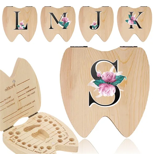 

Children Lost Teeth Saver Box Cute Wooden Kid Tooth Organizer Souvenirs Recording Teeth Information Whitemarble Letter Pattern