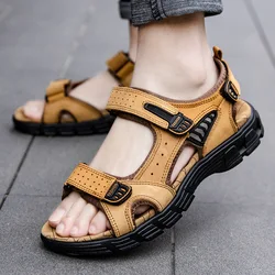 Sandales classiques d'été en cuir véritable pour hommes, chaussures de vacances, de plein air, décontractées, de plage, 2023