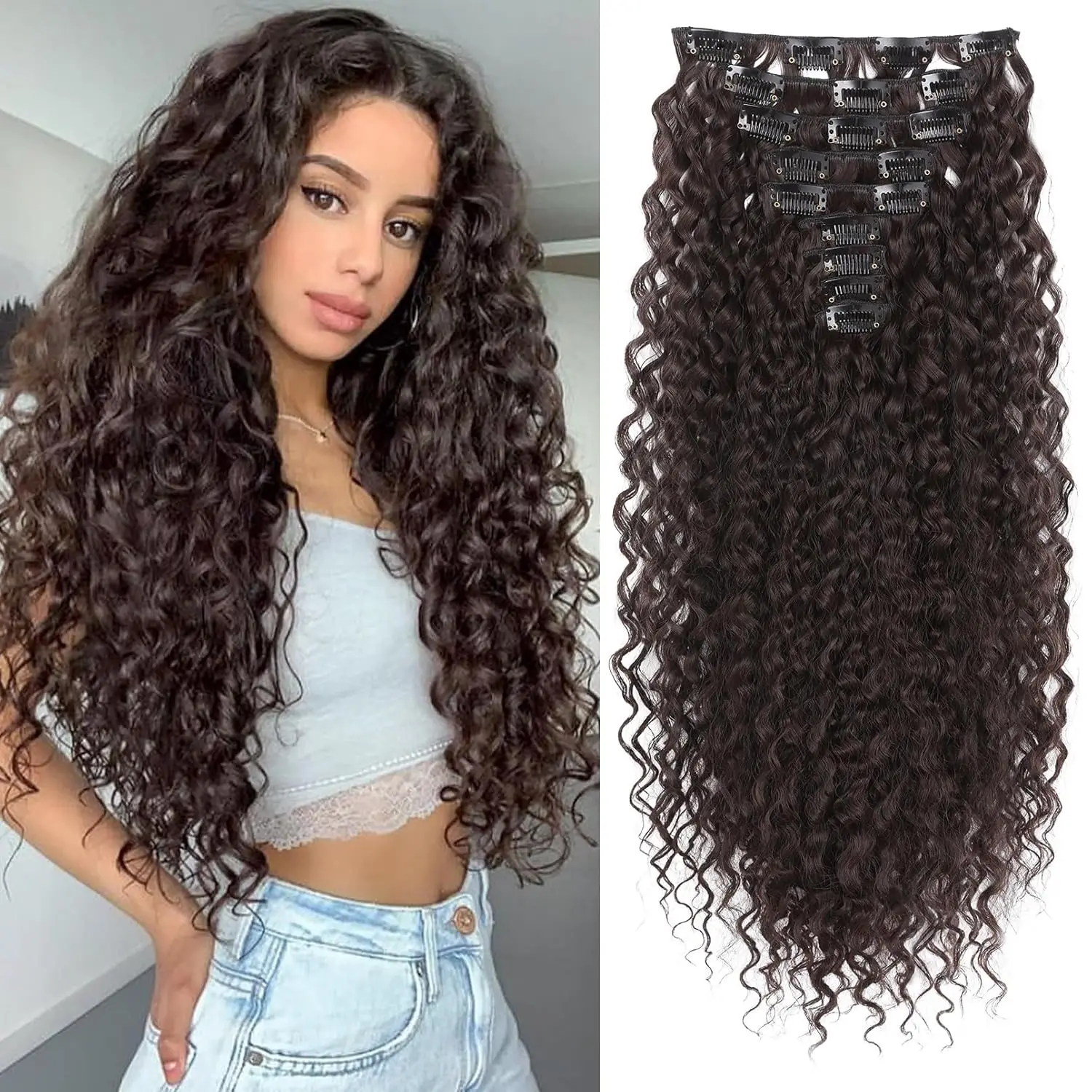 Hair Extension,9PCS Brown 22" Curly Clip in Hair Extensions LN002 braiding hair pre stretched