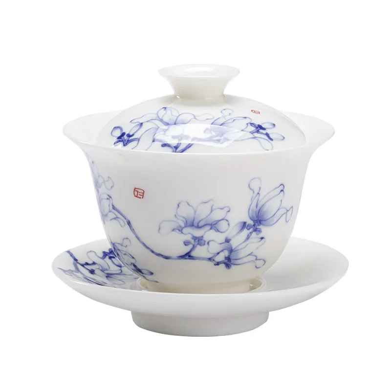 Magnolia Three Piece Gaiwan, White Porcelain Lidded Tea Bowl with Easy Grip for Loose Leaf Tea and Daily Tea Rituals