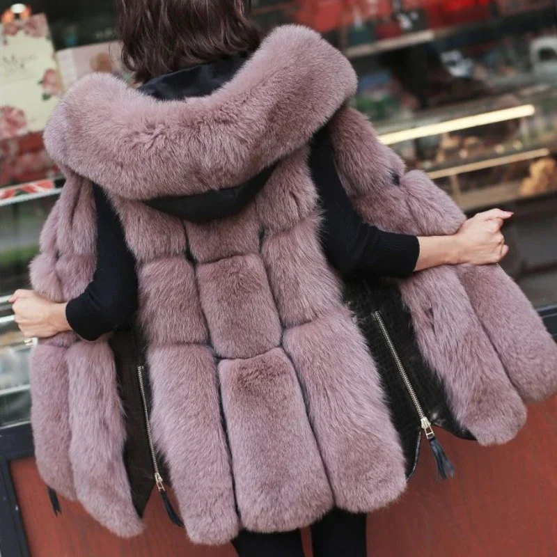 2023 Autumn Winter New Women Faux Fox Fur Coat Mid Length Version Hooded Waistcoat Thicken Warm Casual Outwear Fashion Slim Top