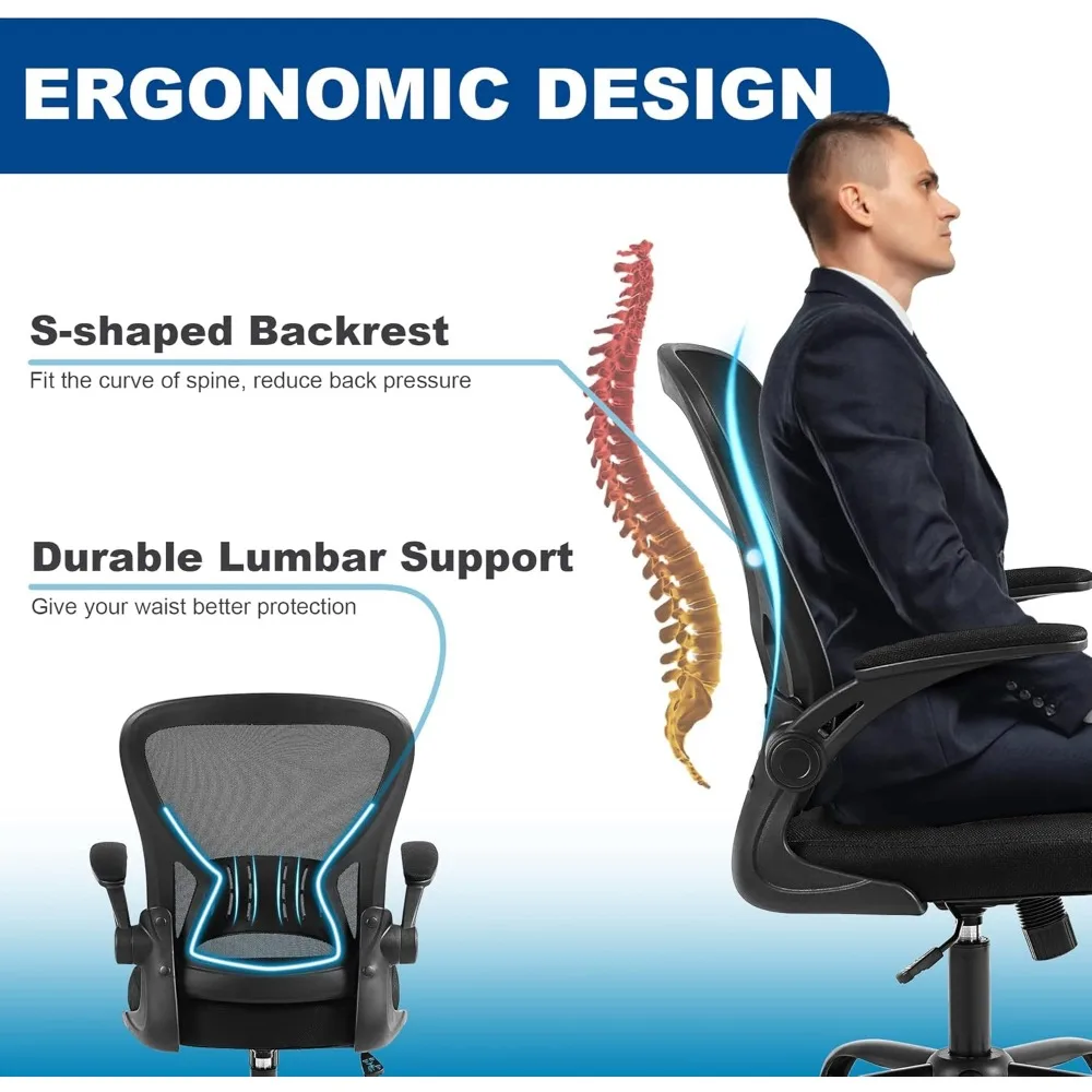 Ergonomic Mesh Chair for Home Office Desk, Adjustable Height with Lumbar Support and Flip-up Armrests, Black