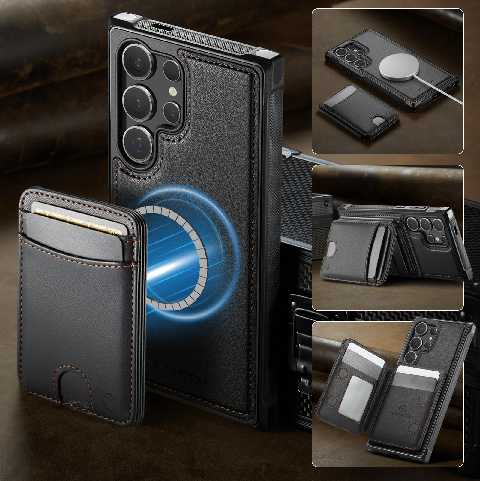 JEEHOOD-J10 Wallet Case for Samsung S26 S25 S24 S23 S22 S21 FE S20 Ultra Magnetic 2-in-1 Removable Leather Card Holder Cover New