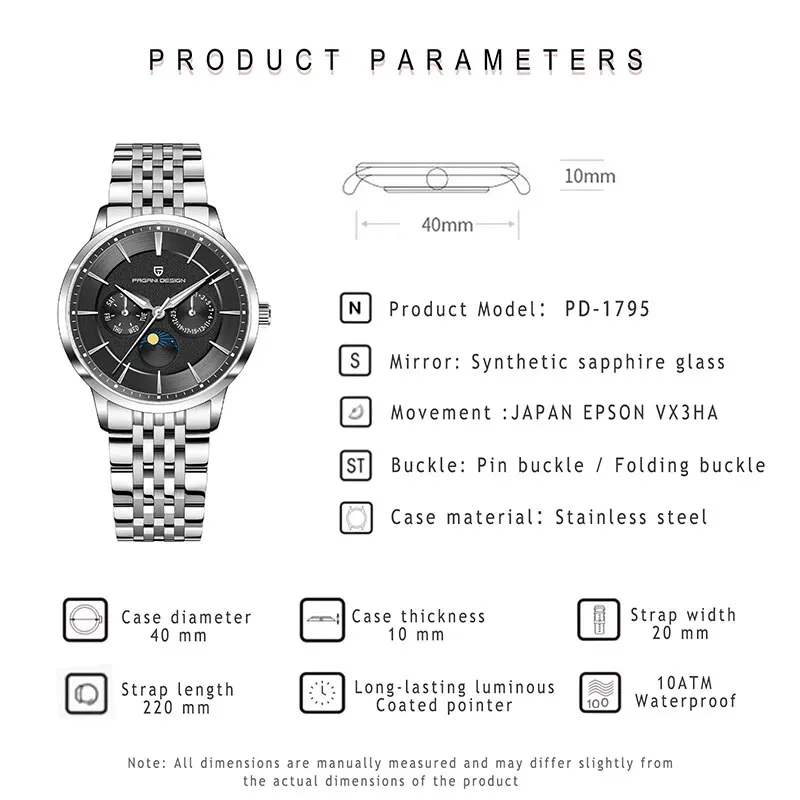 PAGANI تصميم القمر المرحلة 40 مللي متر ساعة رجالية 100 متر مقاوم للماء الساعات العلامة التجارية الأعلى الياقوت الزجاج متعددة الوظائف ساعة كوارتز رجالية 2025