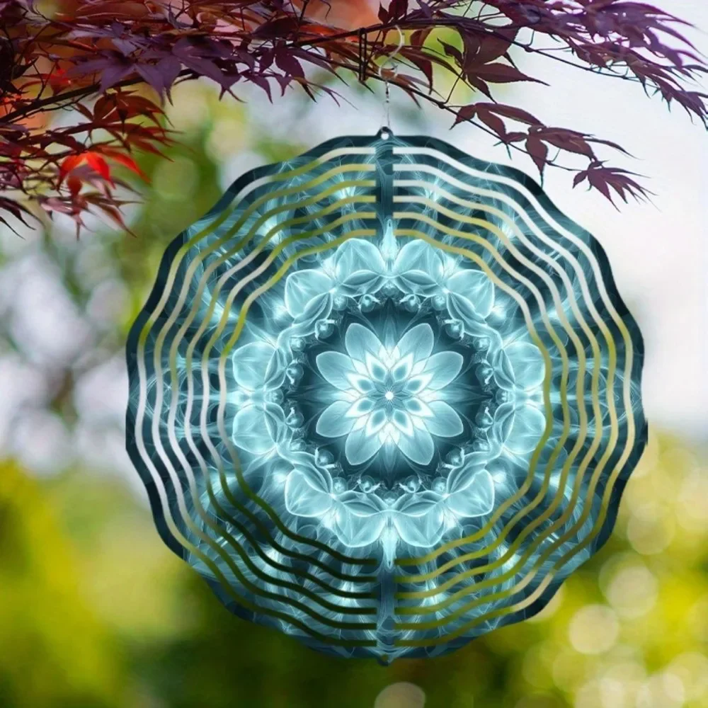 CIFBUY Metal Wind Chime Blue White Floral Mandala Design Rotating Hook Outdoor Garden Balcony Patio Decor