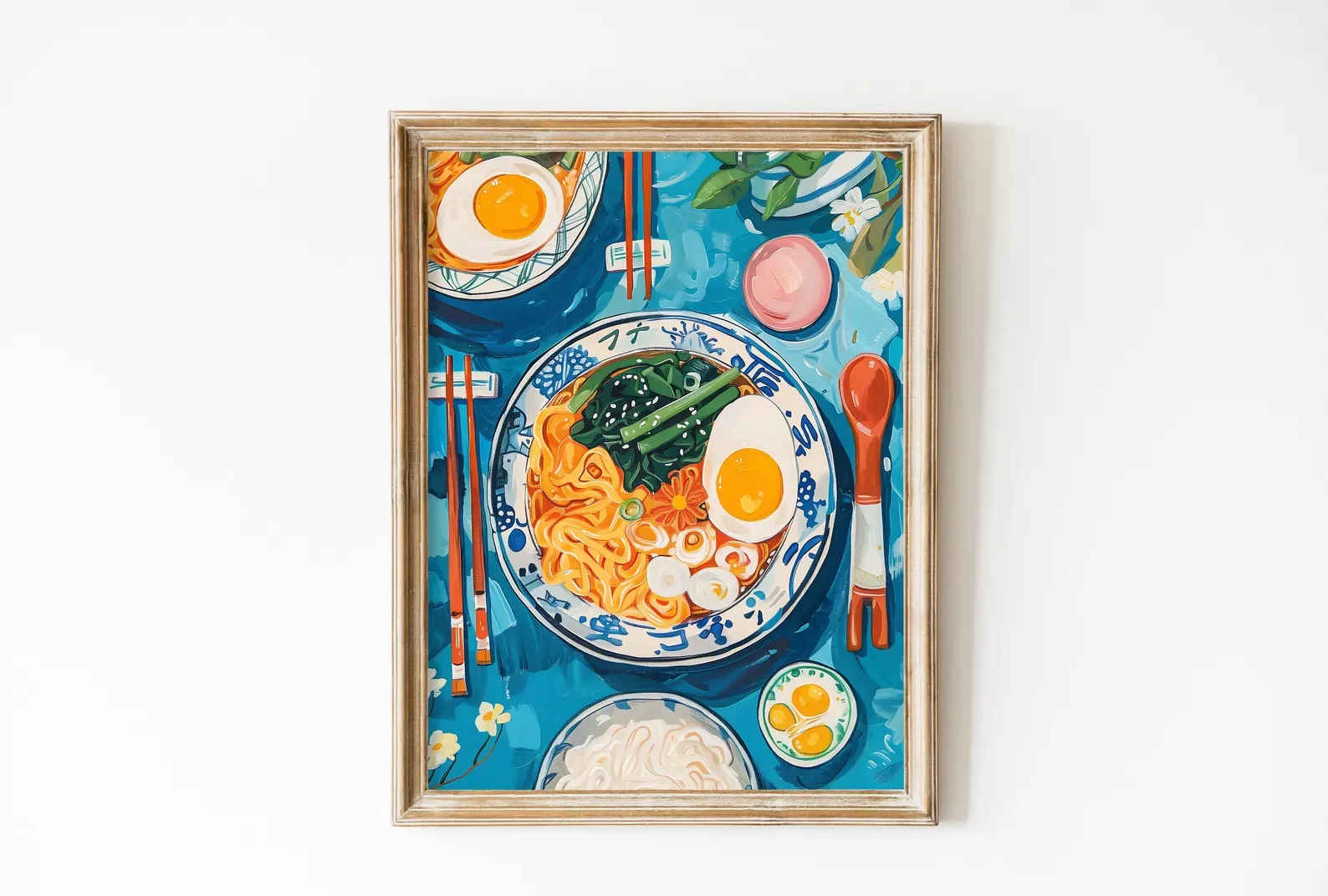 تنزيل طباعة رامين لذيذ، ملصق فني مطبخ ياباني قابل للطباعة، طعام مسطح في الطاولة، ديكور مطبوع أزرق لطيف، وا آسيوية #1