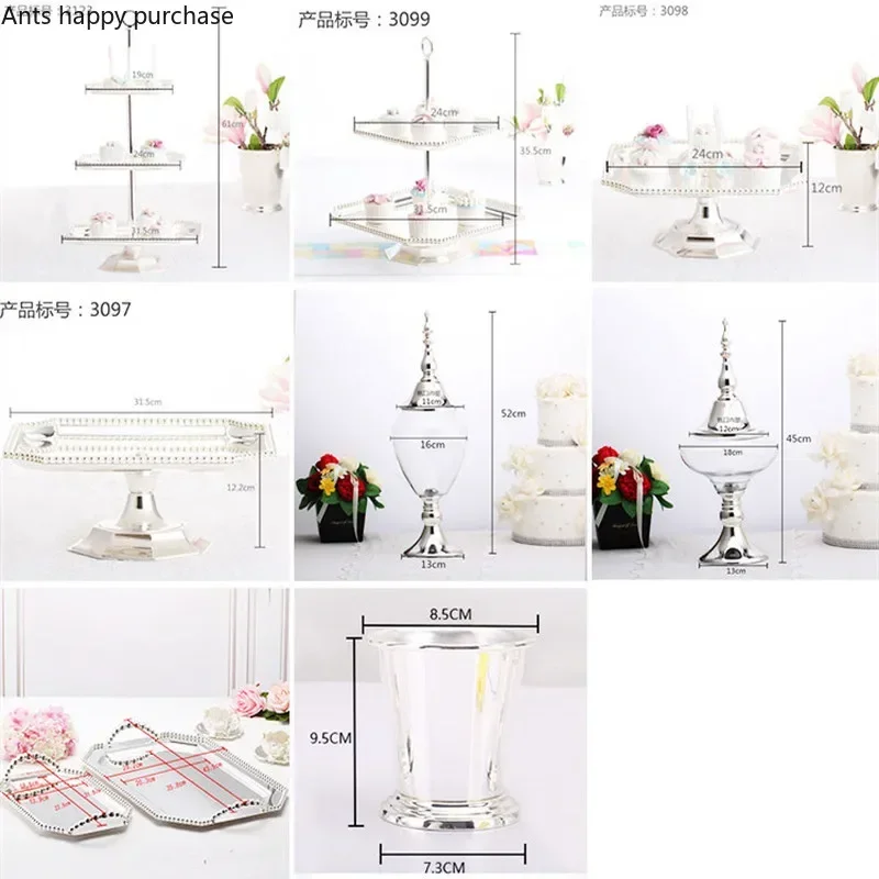 Dessert Table Metal Decorative Display Rack Glass Candy Jar Silver Pearl High Foot Cake Pan Dessert Plate Storage Tray Vase