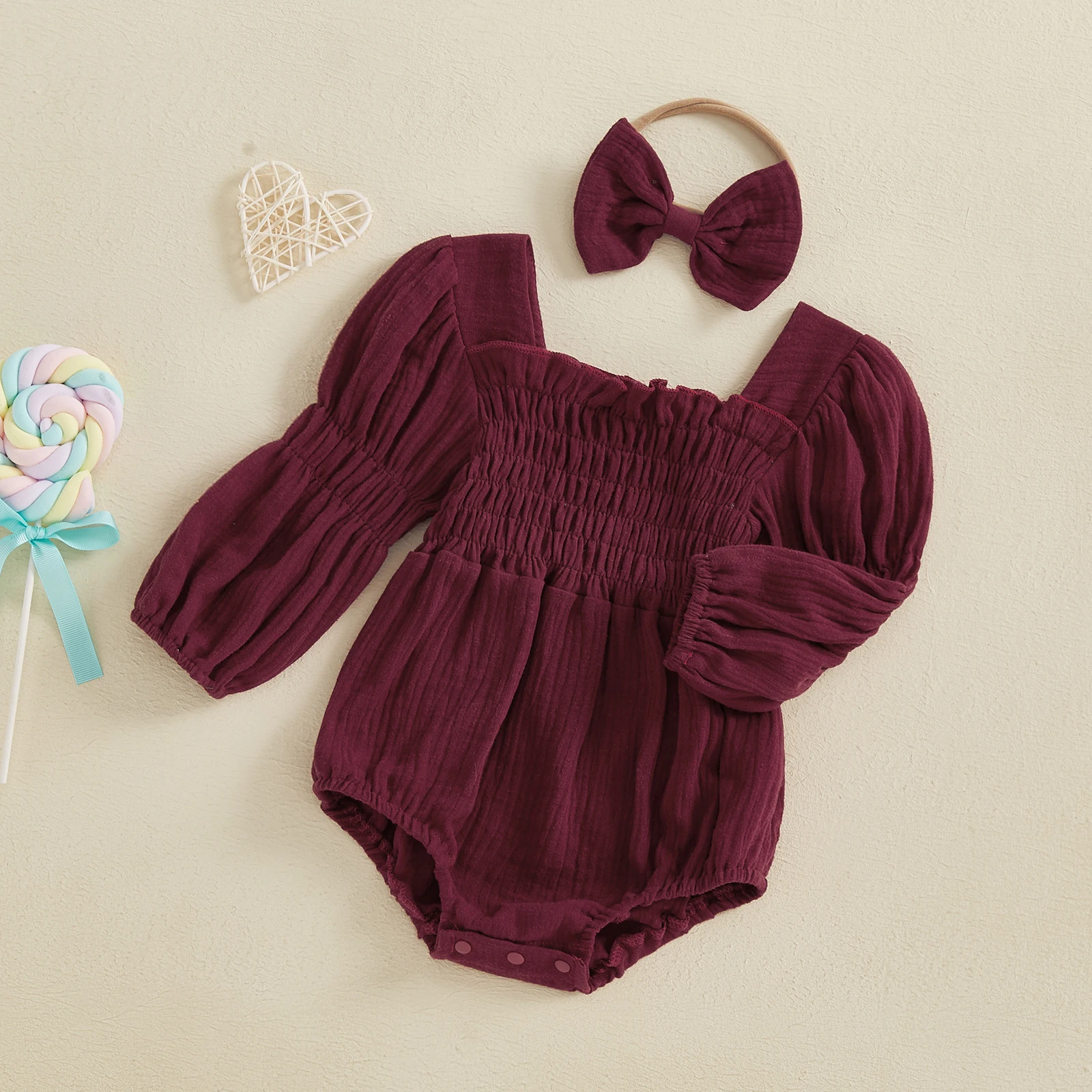 Baby Girls Spring Bubble Cotton Jumpsuit with bow tie Long Sleeve Square Neck Solid Color Romper with Headband Baby Bodysuits