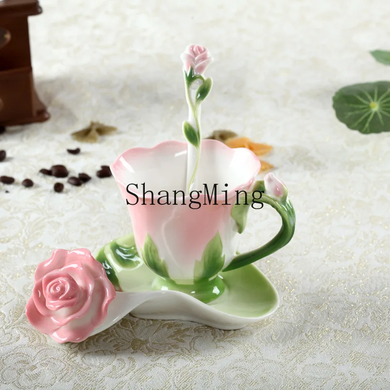 

PYH ceramic cup enamel color rose coffee cup elegant wedding birthday gift item gift box light luxury retro