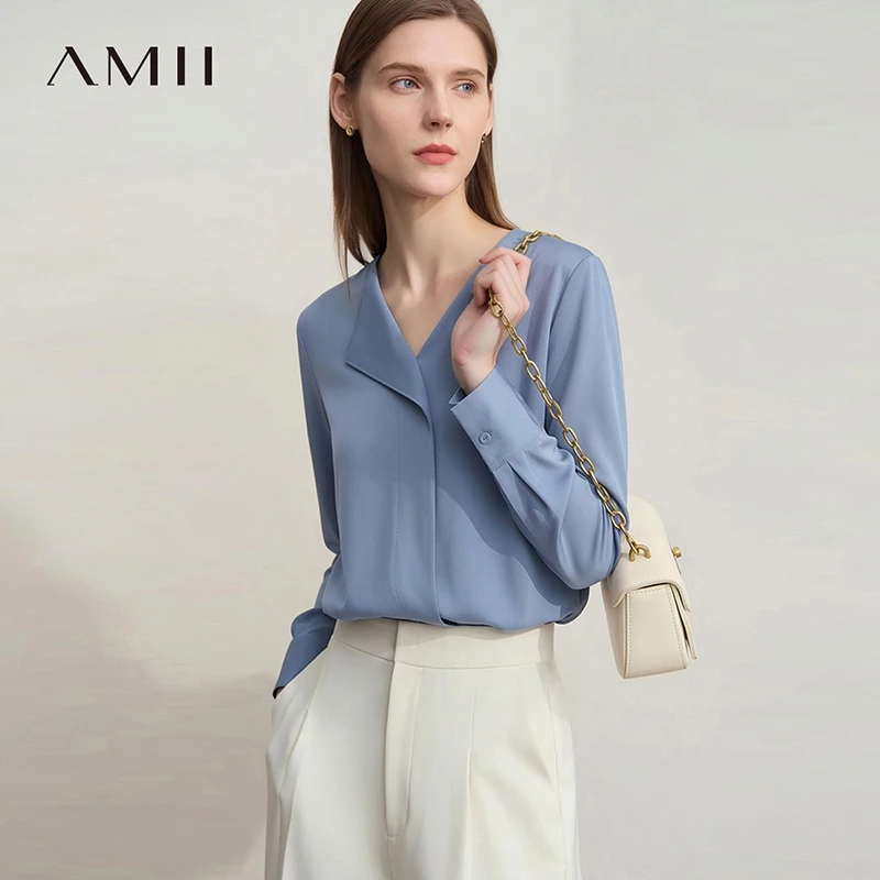 

Женская блузка Amii Minimalist, весна 2026, новая, асимметричная, с V-образным вырезом, из шифона, свободного кроя, для офиса, элегантная повседневная рубашка 12621100