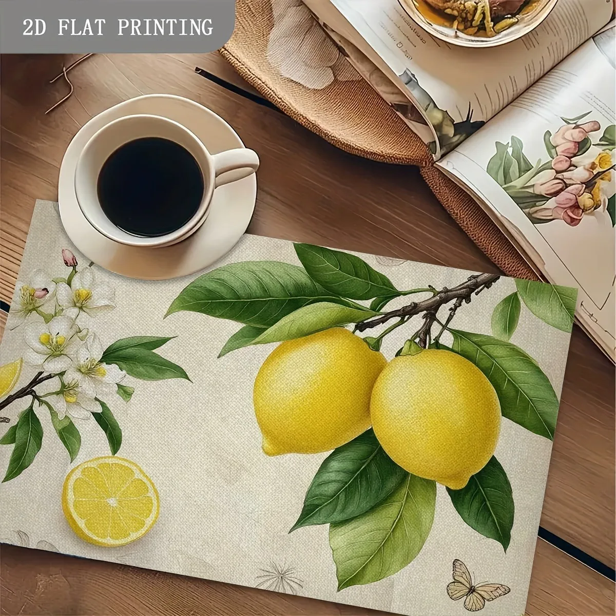 Retro Botanical Table Mats Style Fresh Yellow Lemon Slice Flower Branch Butterfly Pattern Placemat for Home Dinner Table Decor