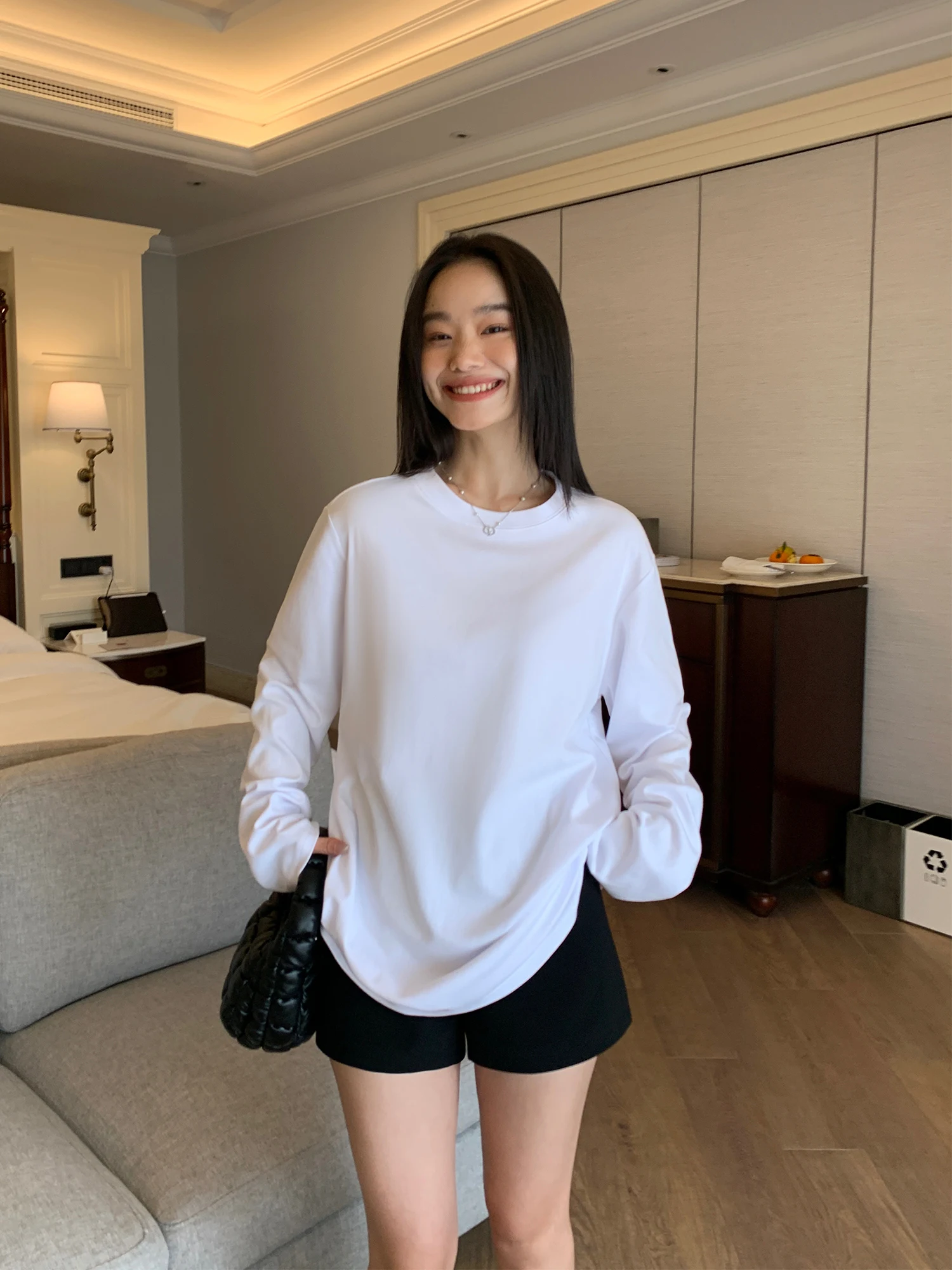 

Pusumede Белая базовая футболка из чистого хлопка Long Sve Женская внутренняя универсальная круглая трикотажная основа irt Топ повседневный свободный крой