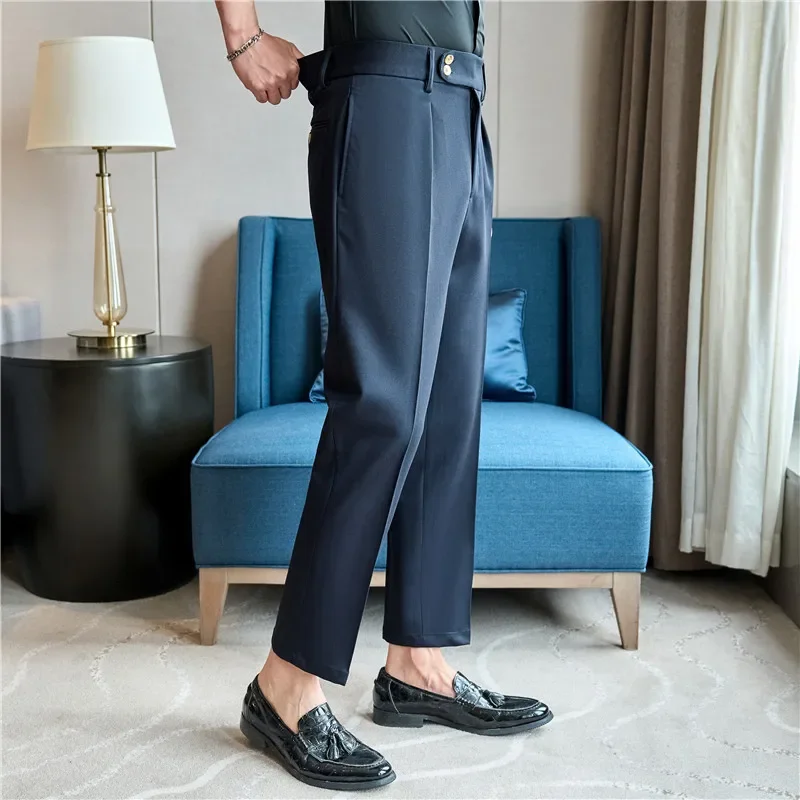 Men High Waist Dress Pants British Style 2024 Autumn Solid Color Casual Trousers Slim Fit Formal Suit Pants Fashion Men Clothing