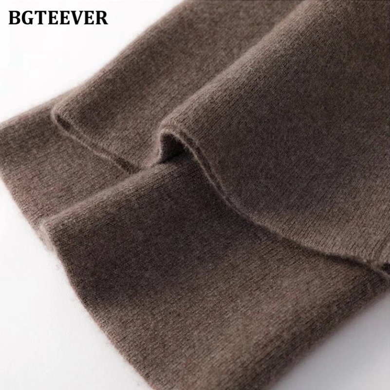 BGTEEVER Chic Stylish High Waist Pockets Ladies Knitted Straight Trousers Autumn Winter Loose Female Wide Leg Sweater Pants
