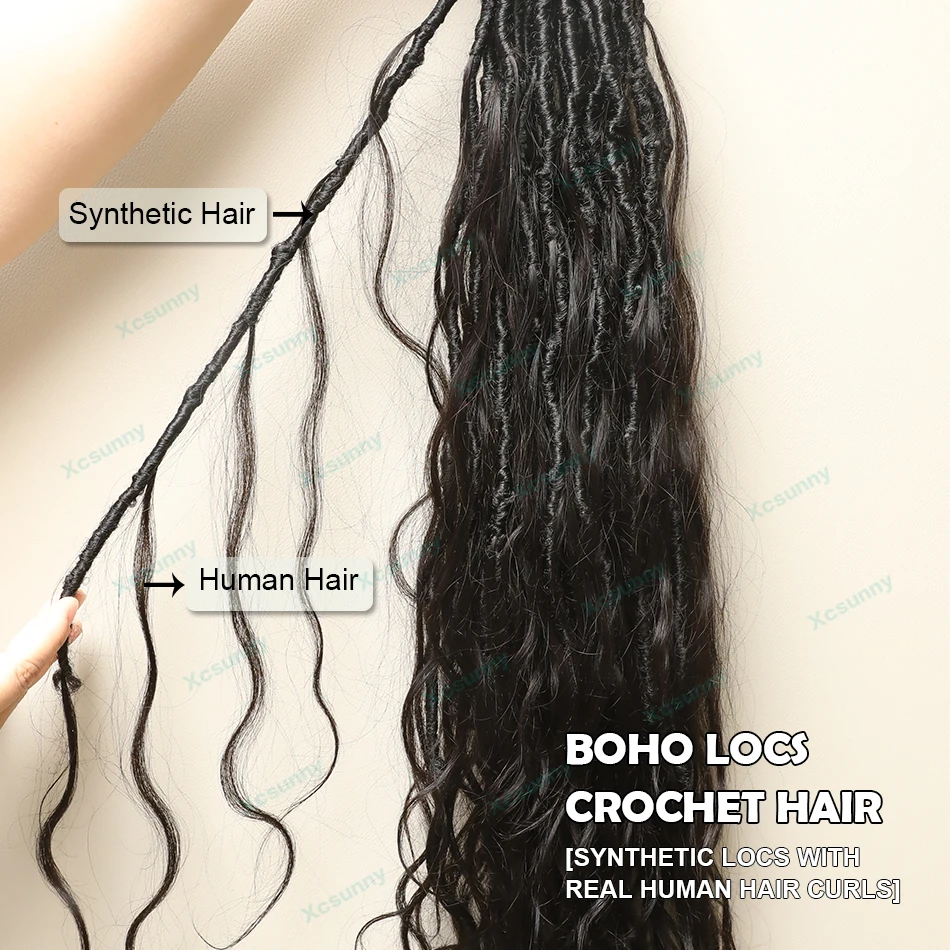 Extensiones de pelo bohemio de ganchillo pre-bucle con cabello humano, extremos ondulados, trenzas de pelo bohemio, rastas de diosa para mujeres negras